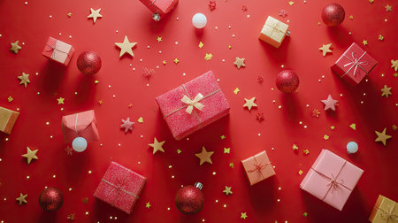 Top view of gift boxes, Xmas decorations, and stars on a red background, creating a festive and urgent holiday shopping vibe with space for promotional content.の素材