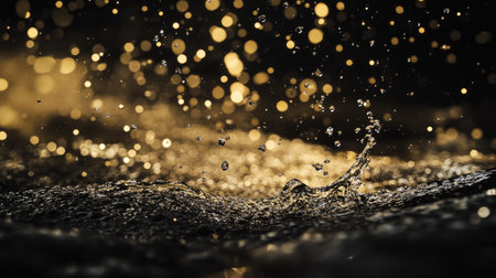 Water splashes with droplets scattering on a sleek black background, forming an elegant and fresh abstract composition with high contrastの素材