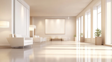 Softly blurred office interior with white decor, modern furniture, and spacious open design, perfect for background visuals in professional design conceptsの素材