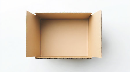Top view of a closed cardboard box with a simple, clean design on a white background, ideal for minimalist packaging, shipping, or storage visualsの素材