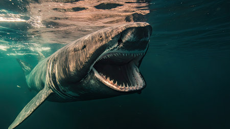 A basking shark swimming near the surface with its mouth wide open, filtering plankton from the water.の素材