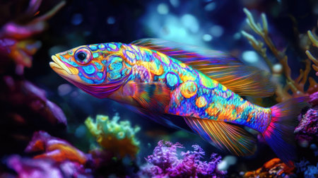A beautiful wrasse fish with vibrant rainbow patterns swimming in an underwater paradise.の素材