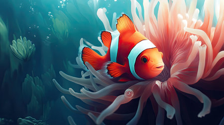 A beautiful clownfish nestled in the soft tentacles of a sea anemone, its bright orange and white stripes standing out.の素材
