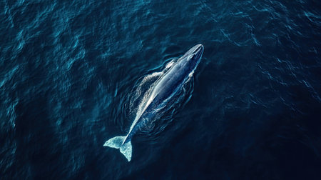 A breathtaking aerial view of a blue whale surfacing for air, creating ripples across the ocean.の素材