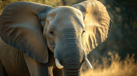 A close-up of an elephant's wrinkled skin, large ears, and powerful trunk as it grazes in the wild.の素材