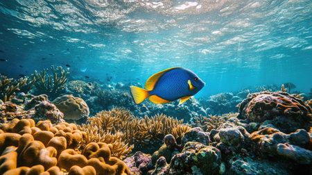 A blue tang fish swimming through a coral reef, its vibrant blue and yellow hues standing out in the sea.の素材