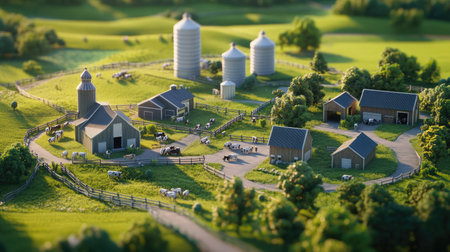 A high-angle aerial view of a dairy farm, showing barns, silos, and cows grazing in fenced pastures.の素材