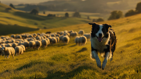 A border collie herding sheep across a green pasture, its intense gaze focused on the flock as it moves swiftly.の素材