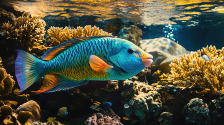 A breathtaking view of a parrotfish feeding on coral, its vibrant blue, green, and yellow scales reflecting the sunlight.の素材