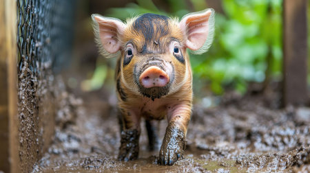 A close-up of a piglet standing in a muddy pen, its snout covered in dirt as it curiously looks at the camera.の素材