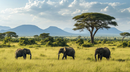 A group of elephants grazing peacefully in the grasslands, surrounded by acacia trees and distant mountains.の素材