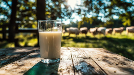 A fresh glass of milk placed on a wooden table, with a dairy farm and cows grazing in the blurry background on a bright sunny day.の素材