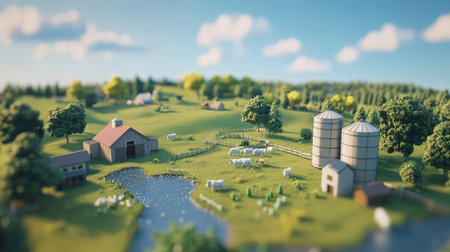 A high-angle aerial view of a cow farm, showing neatly arranged barns, silos, pastures, and cows roaming freely under a bright blue sky.の素材
