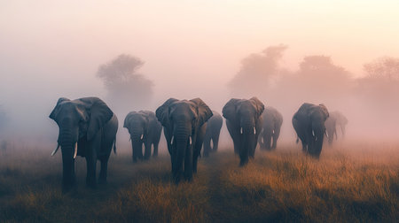 A group of elephants walking in the early morning mist, creating a mystical and serene atmosphere.の素材