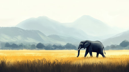 A lone elephant walking across an endless grassland, the distant mountains blending into the horizon.の素材
