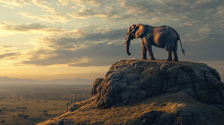 A powerful bull elephant standing on a rocky outcrop, gazing over the endless plains below.の素材