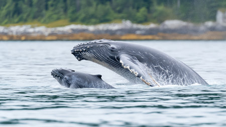 A heartwarming moment of a baby humpback whale playfully rolling beside its mother.の素材