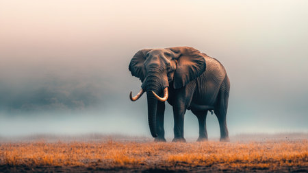 A massive elephant with long tusks standing alone on a foggy morning, surrounded by the untouched beauty of nature.の素材