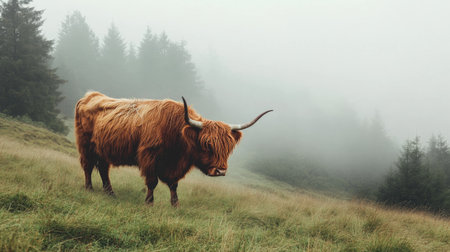 A highland cow grazing on a misty hillside, its shaggy fur and long horns adding a rustic charm to the landscape.の素材