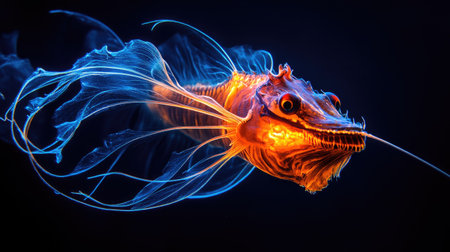 A deep-sea anglerfish glowing in the darkness, its bioluminescent lure attracting prey.の素材