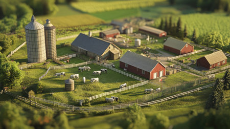 A high-angle aerial view of a dairy farm, showing barns, silos, and cows grazing in fenced pastures.の素材
