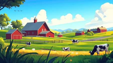 A traditional cattle farm with a wooden farmhouse, red barns, and open pastures filled with cows grazing under a blue sky.の素材