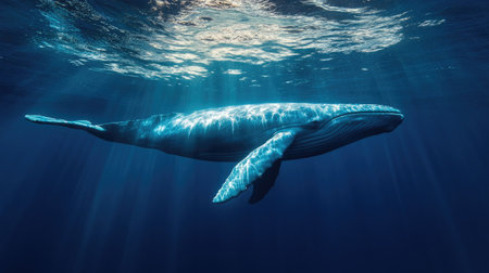 A serene underwater image of a blue whale drifting peacefully through the ocean currents.の素材