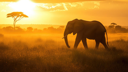 A majestic elephant walking through the African savanna at sunrise, its massive silhouette glowing in the golden light.の素材