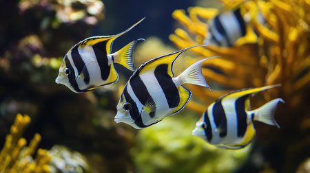 A group of angelfish gliding gracefully through an exotic underwater paradise filled with corals and marine plants.の素材