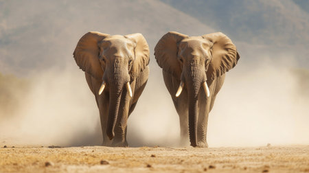 A pair of elephants walking side by side through a dry, dusty landscape, their massive footprints visible in the sand.の素材