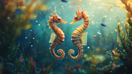 A pair of seahorses floating near the ocean floor, surrounded by tiny saltwater fish and swaying sea plants.の素材
