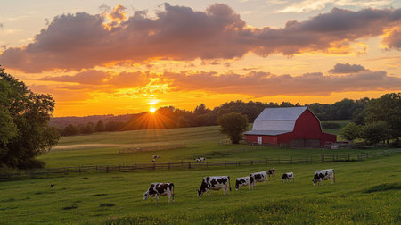 A peaceful sunset over a dairy farm, with cows grazing in the foreground and a red barn in the background.の素材