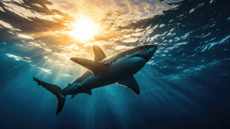 A silhouette of a great white shark swimming near the ocean surface, sunlight creating a dramatic effect.の素材