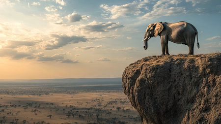 A powerful bull elephant standing on a rocky outcrop, gazing over the endless plains below.の素材