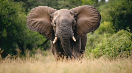 A wild elephant flaring its ears and raising its trunk, displaying dominance in its natural habitat.の素材