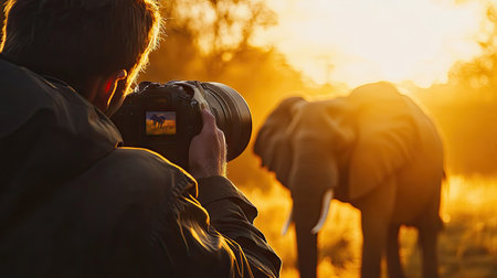A wildlife photographer capturing a close-up shot of a majestic wild elephant in the golden light of sunset.の素材