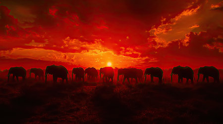 A wide-angle shot of an elephant herd silhouetted against a fiery red and orange sunset.の素材