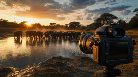 A wildlife camera set up near a watering hole, capturing a herd of elephants drinking at sunrise.の素材