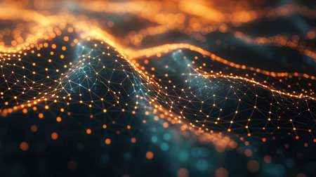 A 3D abstract mesh of interconnected points and lines with a glowing effect.の素材