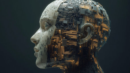 3D render of a human head fused with AI circuitry, symbolizing digital transformation and the merging of human and machine intelligence.の素材