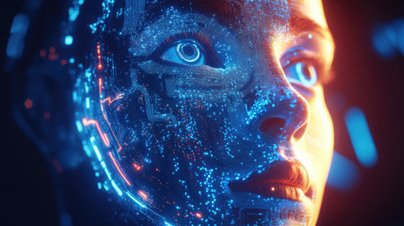 3D illustration of a human face intertwined with AI circuitry. Representation of digital transformation and the future of artificial intelligence in humanity.の素材
