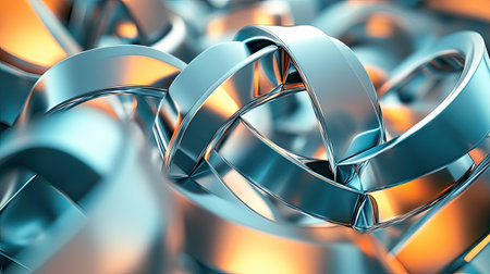 A 3D abstract background featuring interlocking geometric shapes in metallic tones.の素材