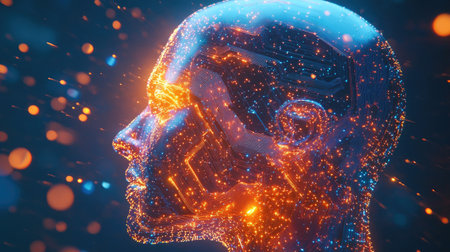 3D render of a human head with glowing AI circuitry, representing the fusion of artificial intelligence and human consciousness in digital transformation.の素材
