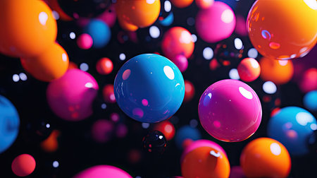 Abstract 3D spheres of different sizes and colors, floating in a black void.の素材