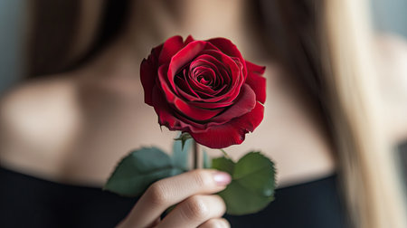 A woman's fingers delicately holding a single red rose.の素材