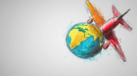 Airplane with colorful globe sketch on grey background. Travel and tourism conceptの素材
