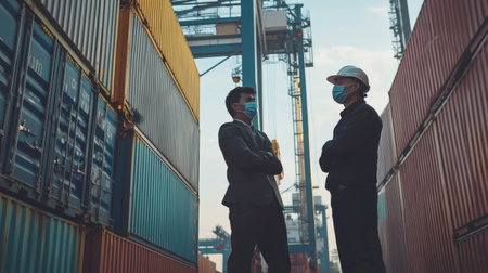 Businessman standing at shipyard and engineer wearing mask partner stand at container yard, loading containers box from cargo freight ship for import and export, teamwork partnership concept. -の素材