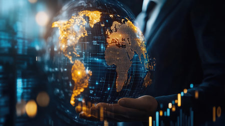 Business and economic growth on global business network, Data analysis of financial and banking, Customer service, Technology and data connection, Teamwork, Business strategy and Digital marketing.の素材