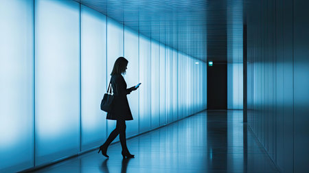 Businesswoman using a smartphone while walking through an office corridor.の素材