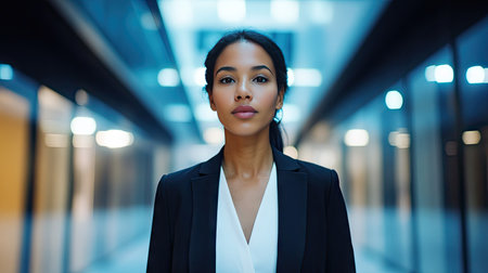 Businesswoman walking through a corporate hallway with a determined look.の素材